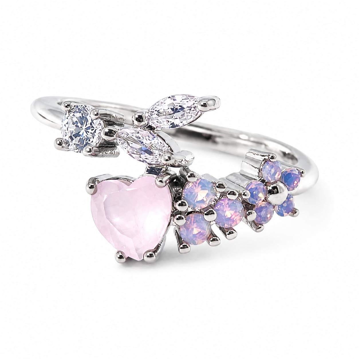 Warm Fortune Heart Butterfly Cubic Zirconia Adjustable Open Ring for Women, 18K Gold Plated Stackable Promise Jewelry Gift