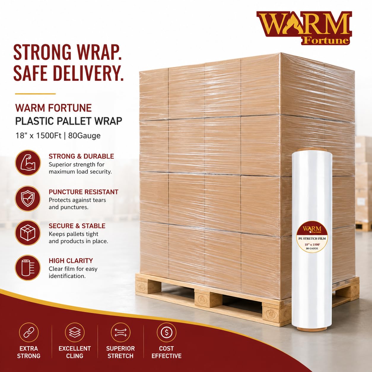 Warm Fortune 4 Rolls Clear Stretch Wrap Film 18” x 1500 feet Plastic Wrap for Moving, Packing, Shipping & Storage Heavy Duty Industrial Cling Film for Boxes and Furniture
