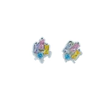 Warm Fortune 18K White Gold Plated Colorful Baguette Cubic Zirconia Geometric Cluster Stud Earrings for Women Hypoallergenic Rainbow CZ Earrings - Valentine's Day, Mother's Day, Birthday Gift for Her