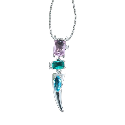 Warm Fortune Multicolor Gemstone Tusk Pendant Necklace for Women: 18K Gold Plated, Adjustable Chain (18"+2") with Sparkling CZ | A Dazzling Statement for Glamorous Events