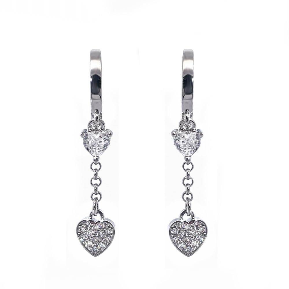 Warm Fortune 18K Gold Plated Double Heart Chain Cubic Zirconia Drop Earrings for Women Hypoallergenic - Valentine's Day, Mother's Day, Birthday Gift for Her