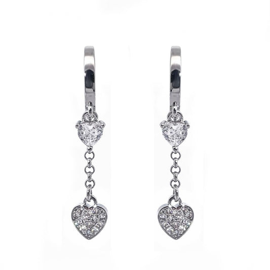 Warm Fortune 18K Gold Plated Double Heart Chain Cubic Zirconia Drop Earrings for Women Hypoallergenic - Valentine's Day, Mother's Day, Birthday Gift for Her