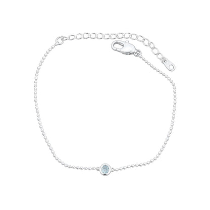 Warm Fortune Solitaire Moissanite Station Bracelet for Women, Silver-Tone 6.5 Inch Adjustable Beaded Chain with Round Blue Accent