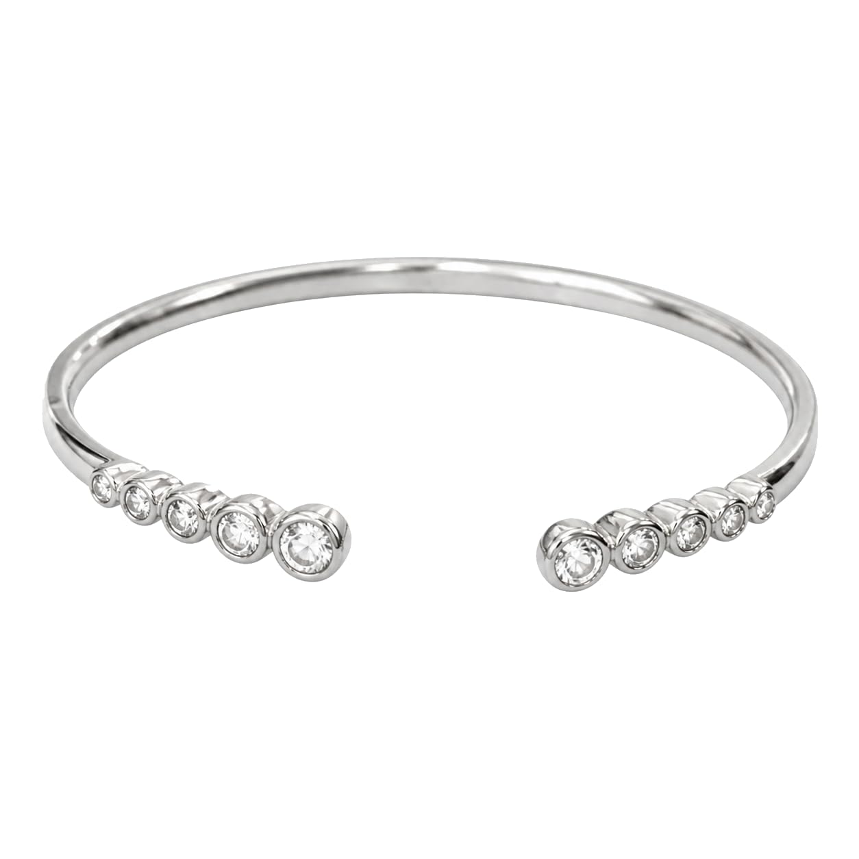 Warm Fortune Graduated Round Cubic Zirconia Open Cuff Bracelet for Women, White Gold Plated 9 Inch Polished Bangle Design