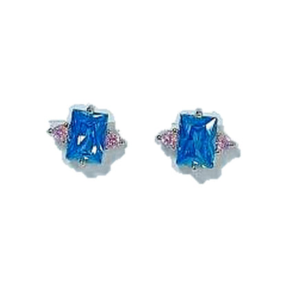 Warm Fortune 18K Gold Plated Blue Rectangle & Pink Triangle Cubic Zirconia Stud Earrings for Women Hypoallergenic - Valentine's Day, Mother's Day, Birthday Gift for Her