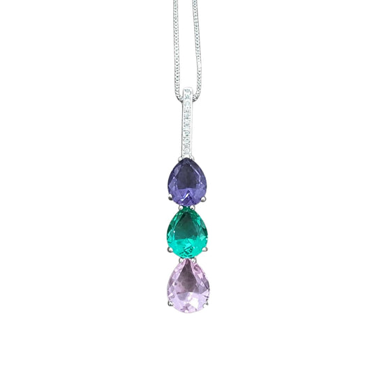 Warm Fortune Multicolor Three-Stone Drop Pendant Necklace for Women: 18K Gold Plated, Adjustable Chain (18"+2") with Sparkling CZ | A Dazzling Statement for Glamorous Events
