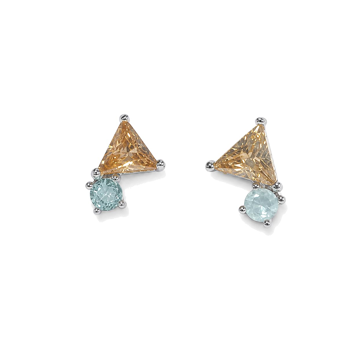 Warm Fortune 18K Gold Plated Champagne Triangle & Blue Round Cubic Zirconia Stud Earrings for Women Hypoallergenic - Valentine's Day, Mother's Day, Birthday Gift for Her