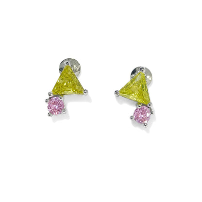 Warm Fortune 18K Gold Plated Yellow Triangle & Blue Round Cubic Zirconia Stud Earrings for Women Hypoallergenic - Valentine's Day, Mother's Day, Birthday Gift for Her