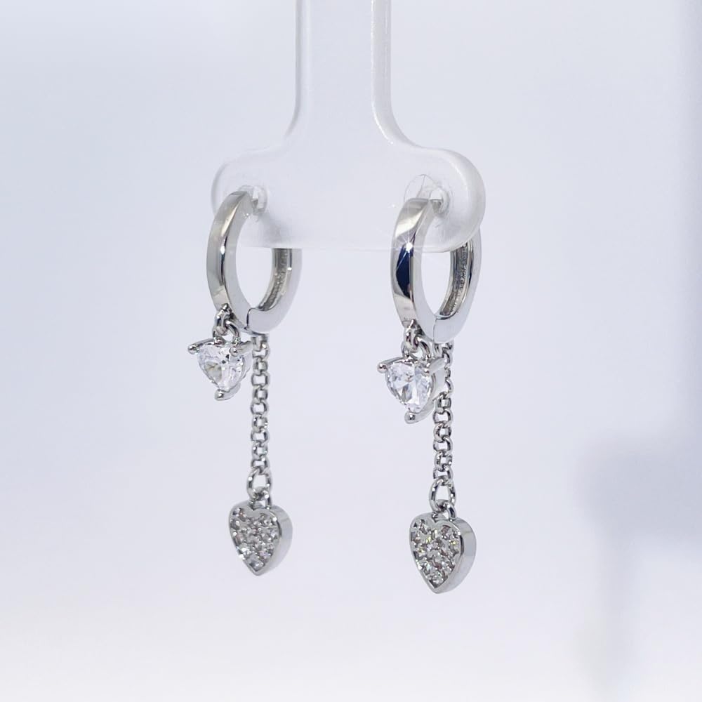 Warm Fortune 18K Gold Plated Double Heart Chain Cubic Zirconia Drop Earrings for Women Hypoallergenic - Valentine's Day, Mother's Day, Birthday Gift for Her