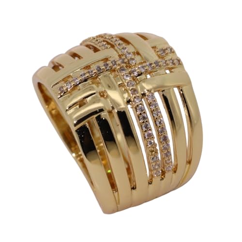 Warm Fortune Braided Cross Wide Band Statement Ring for Women, 18K Gold Plated Pave Cubic Zirconia Multi-Layer Geometric Fashion Ring, Size 7-10