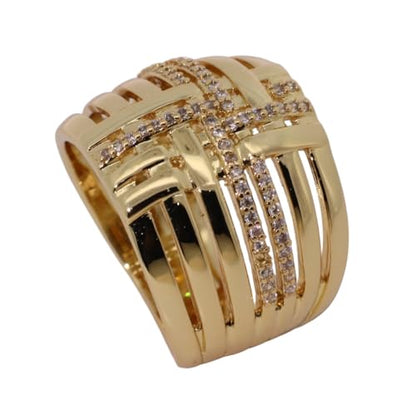 Warm Fortune Braided Cross Wide Band Statement Ring for Women, 18K Gold Plated Pave Cubic Zirconia Multi-Layer Geometric Fashion Ring, Size 7-10
