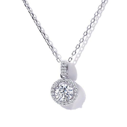 Warm Fortune Moissanite Pendant Necklace for Women, 0.5/1.0 ct DE VVS, 18K White Gold Plated Sterling Silver, 16 inch + 2inch Chain