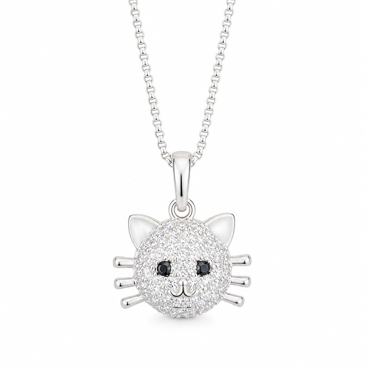Warm Fortune Cat Face Pendant Necklace for Women, 18K White Gold Plated Brass, Clear and Black CZ, 18 Inch Chain, Pave Whisker Design