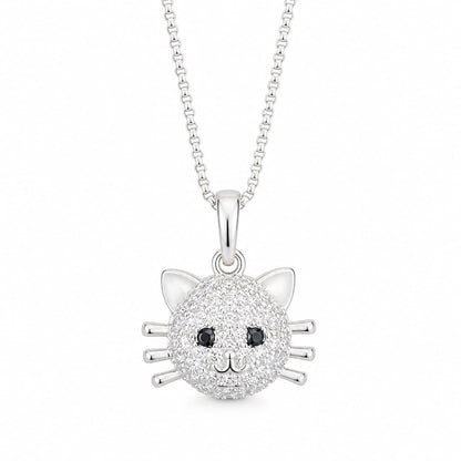 Warm Fortune Cat Face Pendant Necklace for Women, 18K White Gold Plated Brass, Clear and Black CZ, 18 Inch Chain, Pave Whisker Design