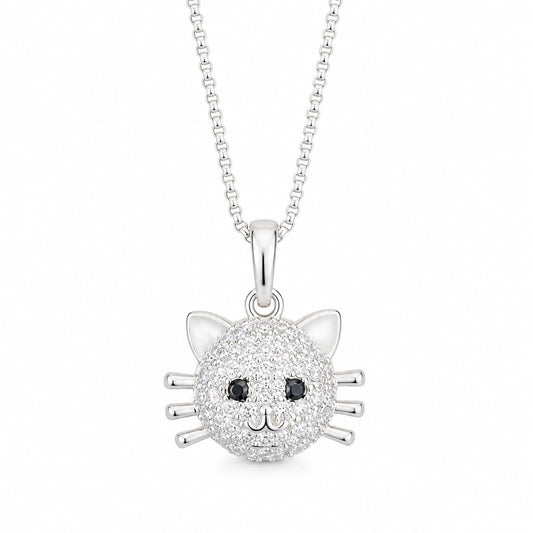 Warm Fortune Cat Face Pendant Necklace for Women, 18K White Gold Plated Brass, Clear and Black CZ, 18 Inch Chain, Pave Whisker Design