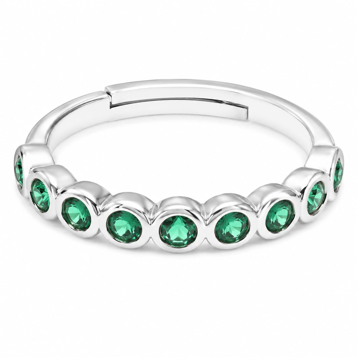Warm Fortune 18K Gold Plated Half Eternity Band Ring for Women, Oval Emerald Green Cubic Zirconia Stackable Wedding Anniversary Promise Jewelry Gift