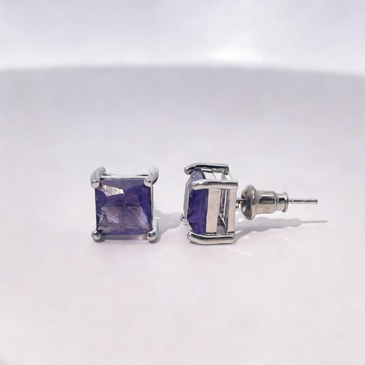 Warm Fortune Square Amethyst Color Gemstone Stud Earrings, Silver Tone Hypoallergenic Fashion Jewelry for Women, Classic Daily & Party Wear Accessory