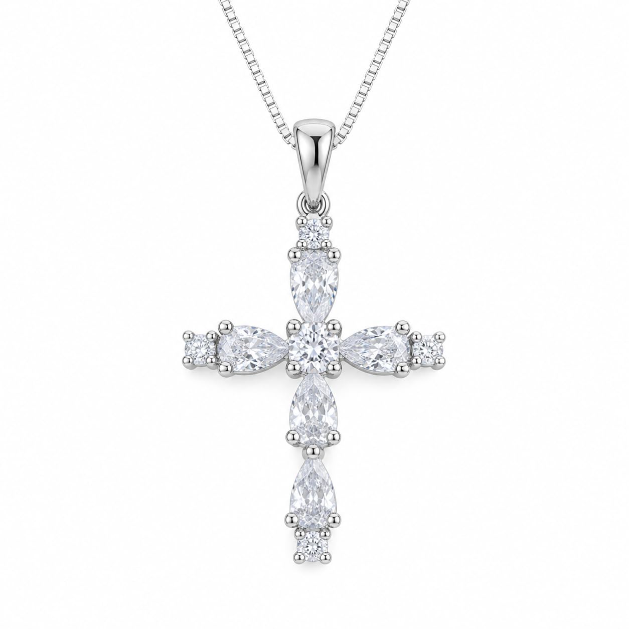 Warm Fortune Marquise Cross Pendant Necklace for Women, 18K White Gold Plated Brass, Clear or Pink CZ, 18 Inch Chain, Color Variation Options