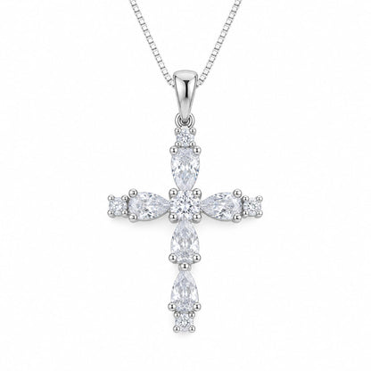 Warm Fortune Marquise Cross Pendant Necklace for Women, 18K White Gold Plated Brass, Clear or Pink CZ, 18 Inch Chain, Color Variation Options