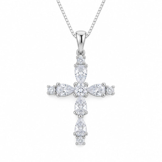 Warm Fortune Marquise Cross Pendant Necklace for Women, 18K White Gold Plated Brass, Clear or Pink CZ, 18 Inch Chain, Color Variation Options