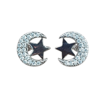 Warm Fortune 18K Gold Plated Crescent Moon Star Cubic Zirconia Stud Earrings for Women Hypoallergenic - Valentine's Day, Mother's Day, Birthday Gift for Her