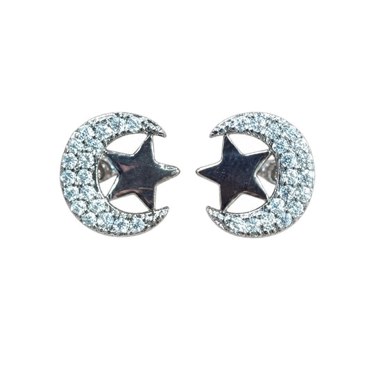 Warm Fortune 18K Gold Plated Crescent Moon Star Cubic Zirconia Stud Earrings for Women Hypoallergenic - Valentine's Day, Mother's Day, Birthday Gift for Her