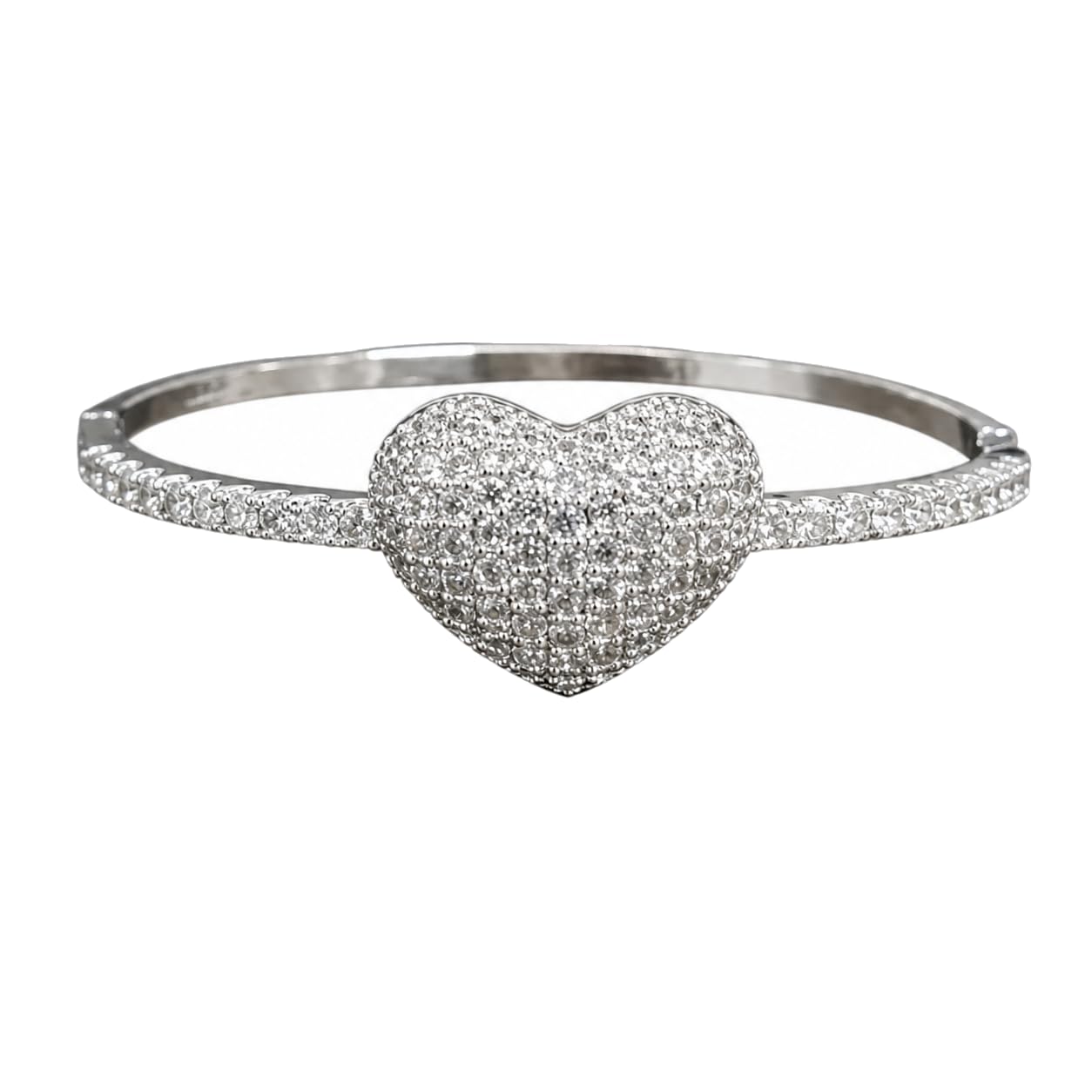 Warm Fortune Pave Heart Bangle Bracelet for Women, Silver-Tone Hinged Design with Sparkling Moissanite Accents