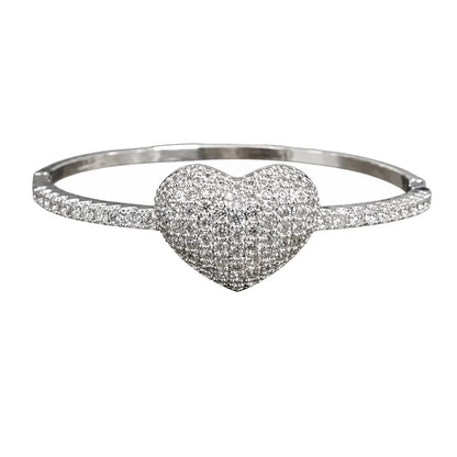 Warm Fortune Pave Heart Bangle Bracelet for Women, Silver-Tone Hinged Design with Sparkling Moissanite Accents
