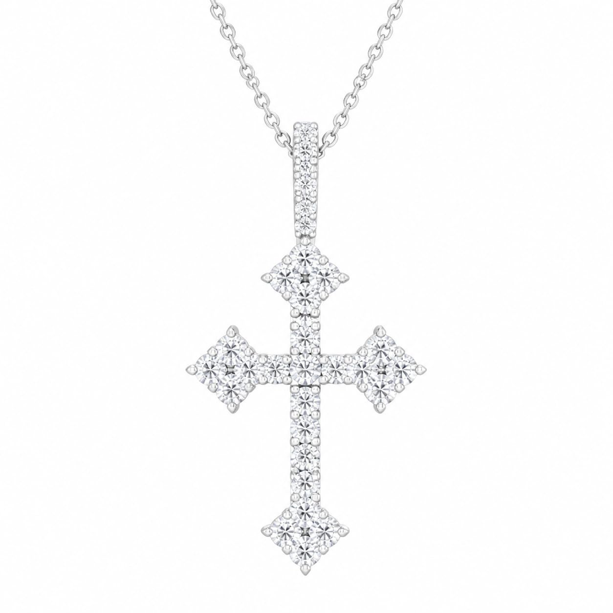 Warm Fortune Geometric Cross Pendant Necklace for Women, 18K White Gold Plated Brass, Clear CZ, 18 Inch Chain, Square Tip Design