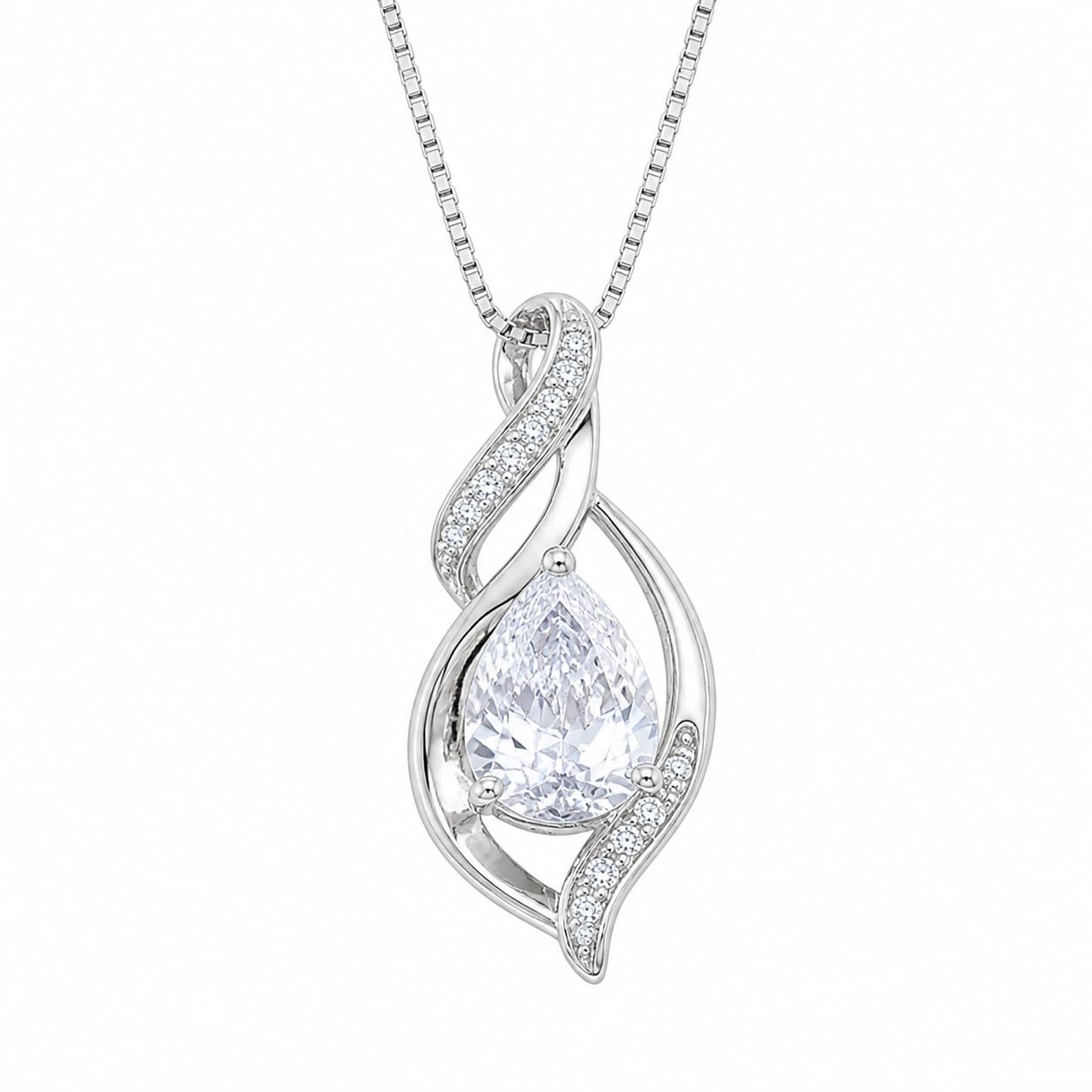 Warm Fortune Twisted Teardrop Pendant Necklace for Women, 18K White Gold Plated Brass, Pink or Clear CZ, 18 Inch Chain, CZ Color Options