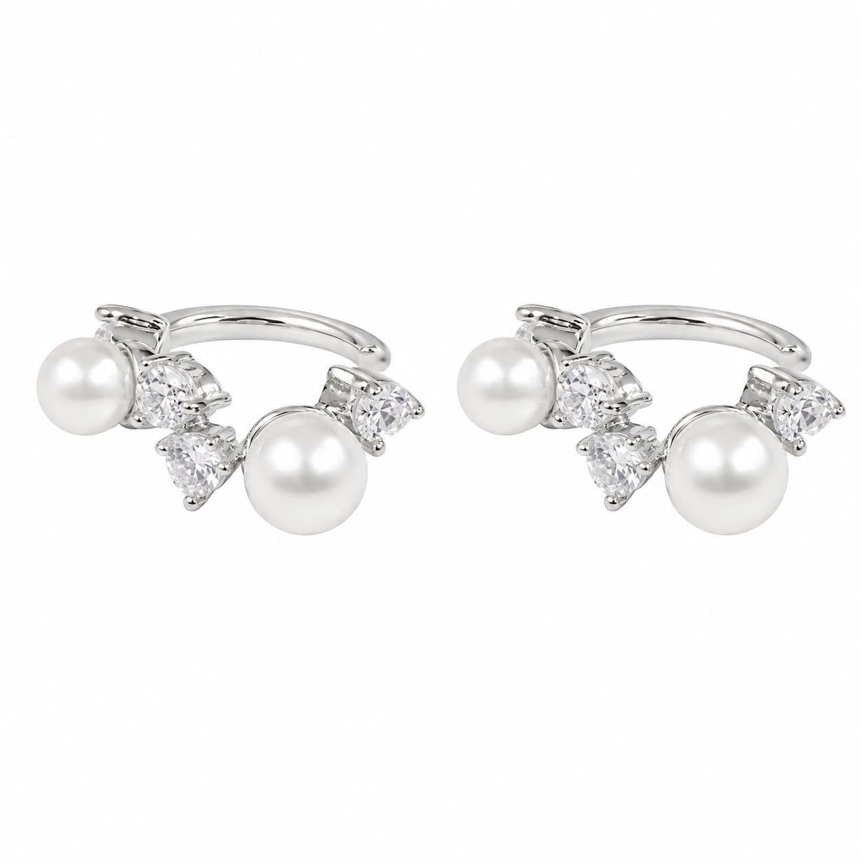 Warm Fortune 18K Gold Plated Curved Bar Triangle Cubic Zirconia Double Cultured Pearl Stud Earrings for Adult Women Hypoallergenic - Valentine's Day, Mother's Day, Birthday Gift for Her
