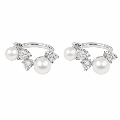 Warm Fortune 18K Gold Plated Curved Bar Triangle Cubic Zirconia Double Cultured Pearl Stud Earrings for Adult Women Hypoallergenic - Valentine's Day, Mother's Day, Birthday Gift for Her