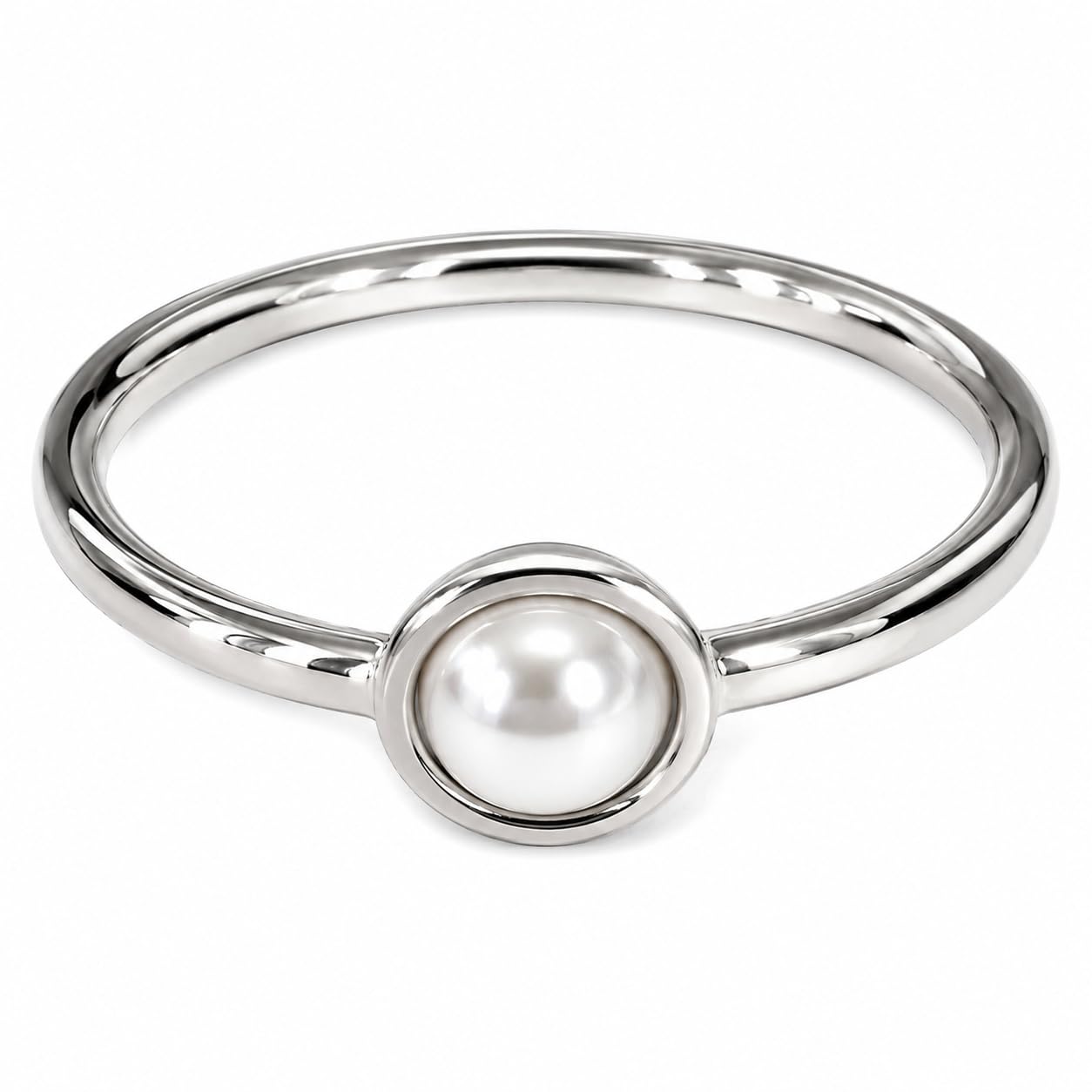 Warm Fortune Single Bezel Pearl Band Ring for Women, 18K White Gold Plated Dainty Smooth Stackable Promise Wedding Minimalist Jewelry, Size 6-7