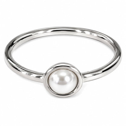 Warm Fortune Single Bezel Pearl Band Ring for Women, 18K White Gold Plated Dainty Smooth Stackable Promise Wedding Minimalist Jewelry, Size 6-7