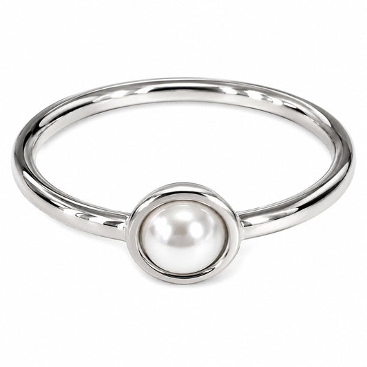Warm Fortune Single Bezel Pearl Band Ring for Women, 18K White Gold Plated Dainty Smooth Stackable Promise Wedding Minimalist Jewelry, Size 6-7