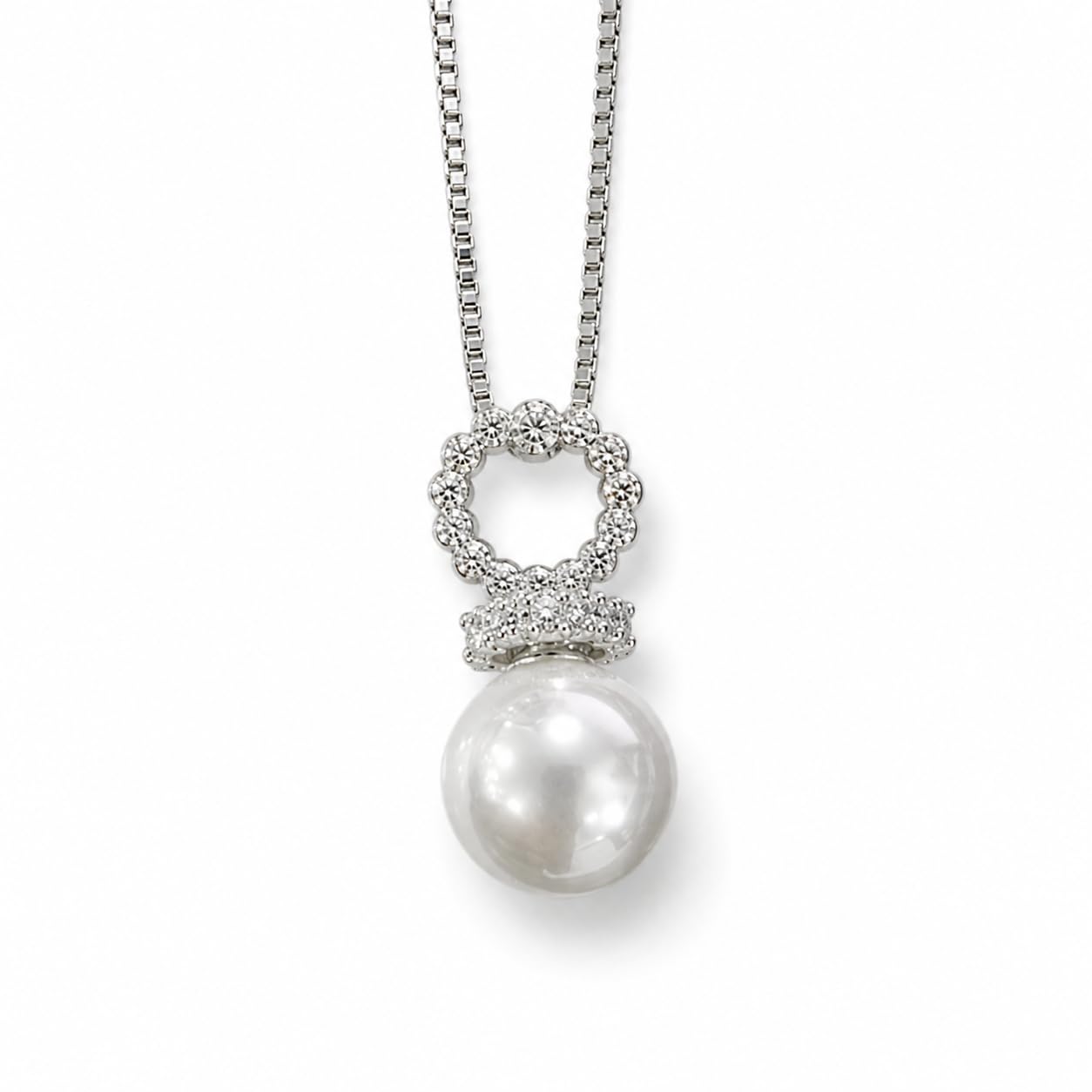Warm Fortune 18K White Gold Plated CZ Halo Pearl Drop Pendant Necklace