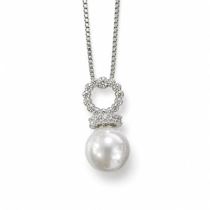Warm Fortune 18K White Gold Plated CZ Halo Pearl Drop Pendant Necklace