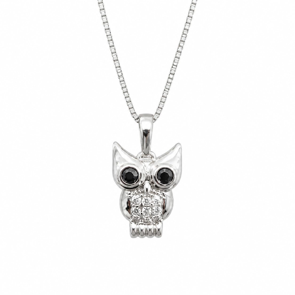 Warm Fortune Owl Pendant Necklace for Women, 18K White Gold Plated Brass, Clear and Black CZ, 18 Inch Chain, Openwork Owl Design