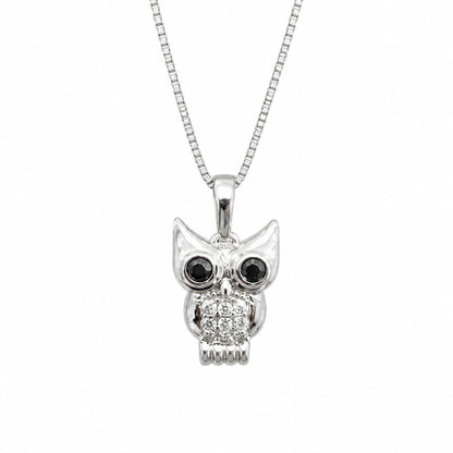Warm Fortune Owl Pendant Necklace for Women, 18K White Gold Plated Brass, Clear and Black CZ, 18 Inch Chain, Openwork Owl Design