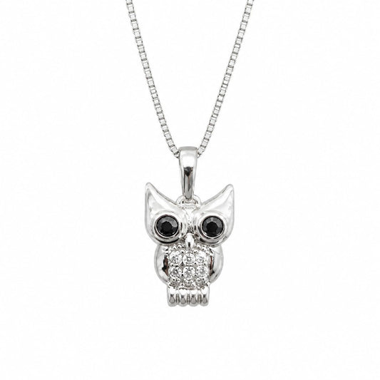 Warm Fortune Owl Pendant Necklace for Women, 18K White Gold Plated Brass, Clear and Black CZ, 18 Inch Chain, Openwork Owl Design