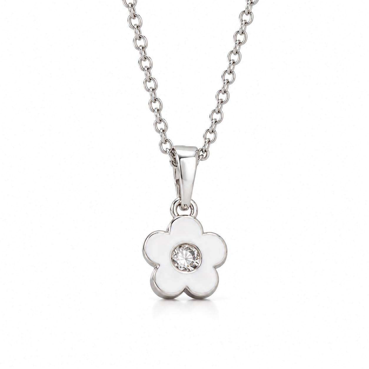 Warm Fortune 18K White Gold Plated CZ Five Petal Flower Necklace