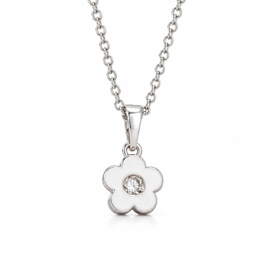 Warm Fortune 18K White Gold Plated CZ Five Petal Flower Necklace