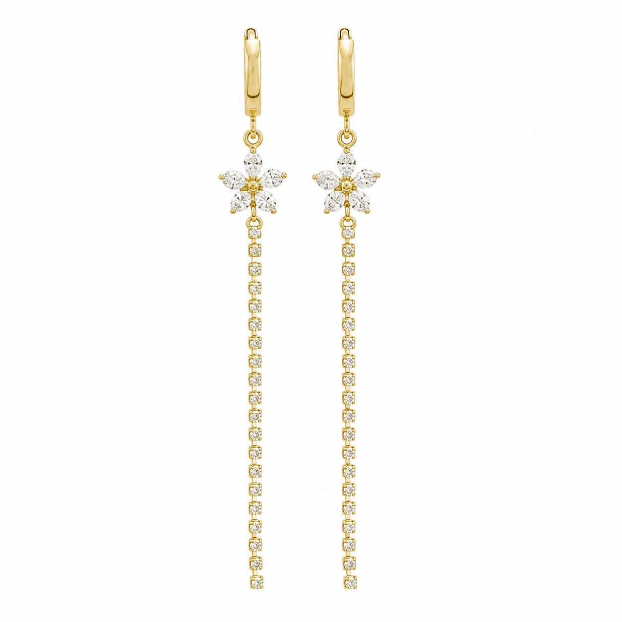 Warm Fortune 18K Gold Plated Floral CZ Linear Drop Earrings
