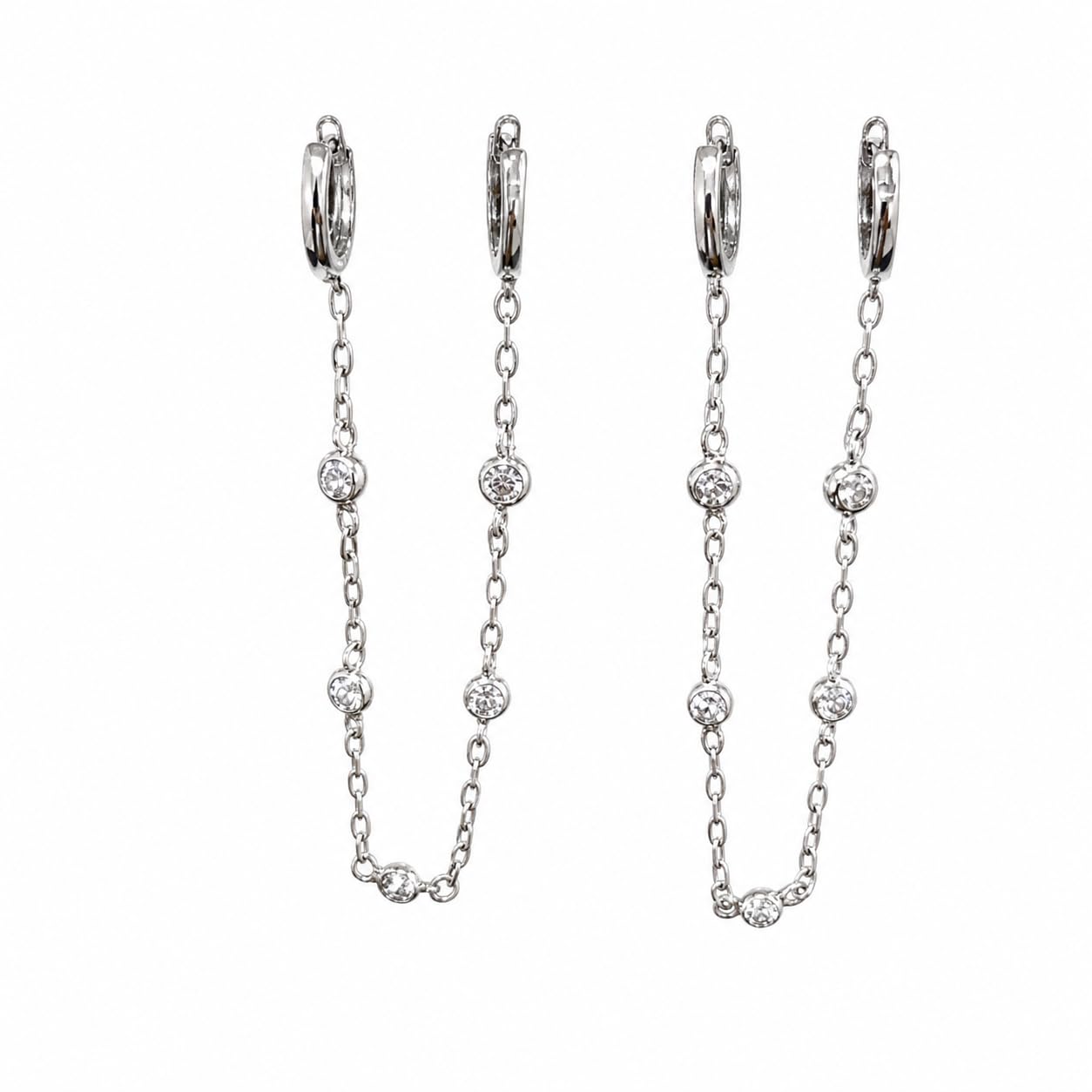 Warm Fortune 18K White Gold Plated CZ Double Hoop Chain Earrings