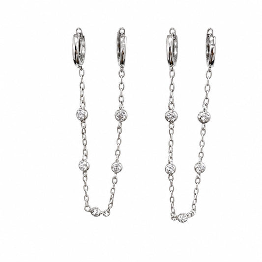 Warm Fortune 18K White Gold Plated CZ Double Hoop Chain Earrings
