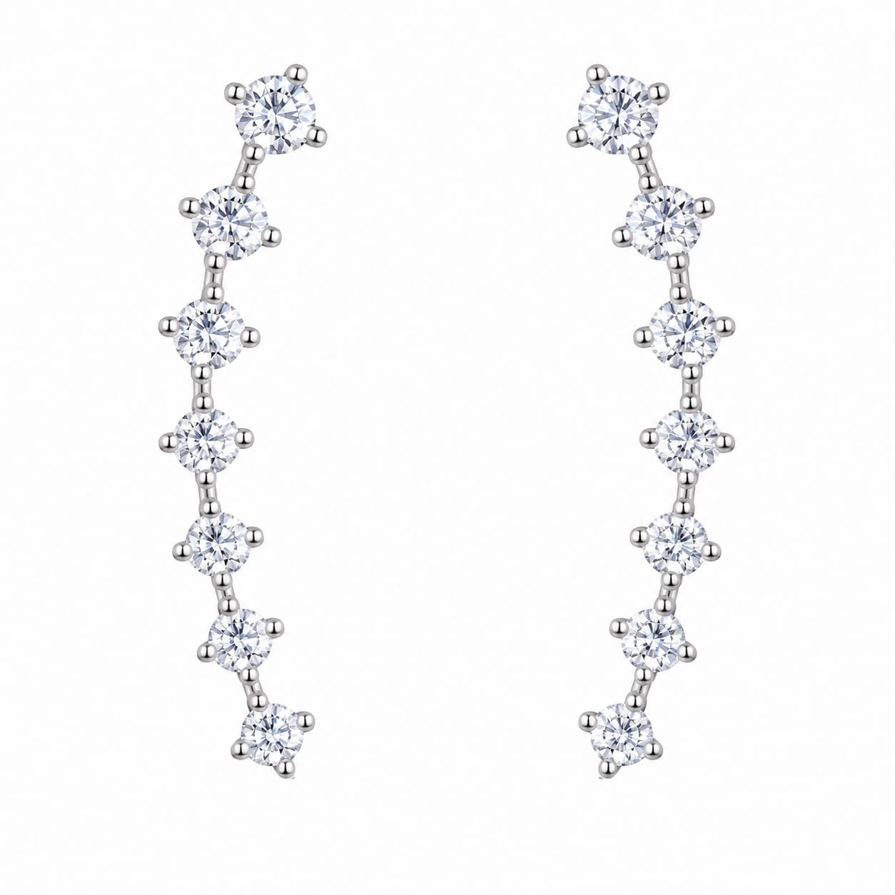 Warm Fortune 18K Gold Plated Seven Round Cut Cubic Zirconia Curved Vertical Linear Stud Earrings for Adult Women Hypoallergenic Gift for Holiday & Birthday Occasions