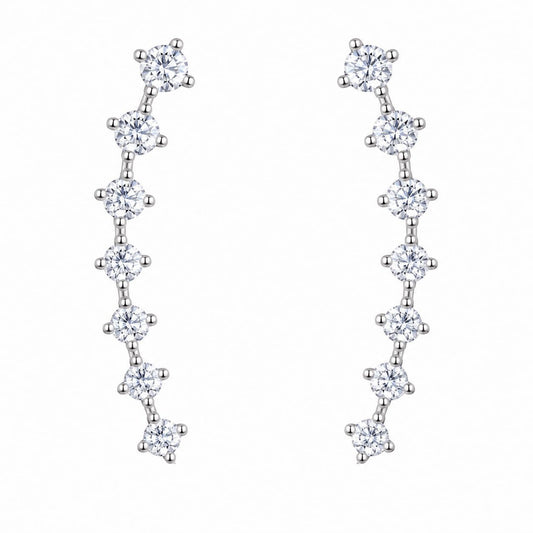 Warm Fortune 18K Gold Plated Seven Round Cut Cubic Zirconia Curved Vertical Linear Stud Earrings for Adult Women Hypoallergenic Gift for Holiday & Birthday Occasions