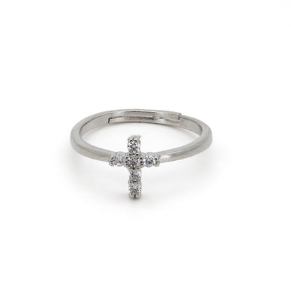 Warm Fortune Adjustable Open Band Cross Ring for Women, 18K Gold Plated CZ Stone Stackable Promise Religious Jewelry Gift