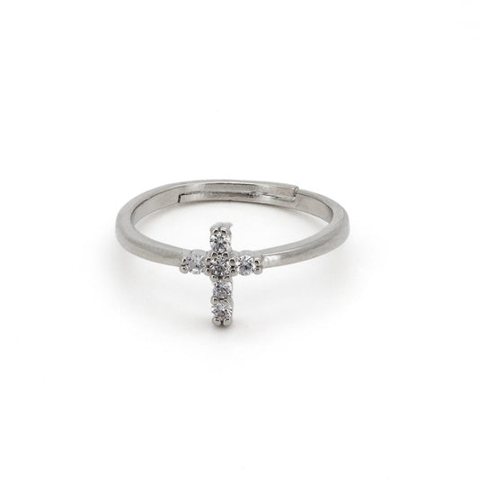Warm Fortune Adjustable Open Band Cross Ring for Women, 18K Gold Plated CZ Stone Stackable Promise Religious Jewelry Gift