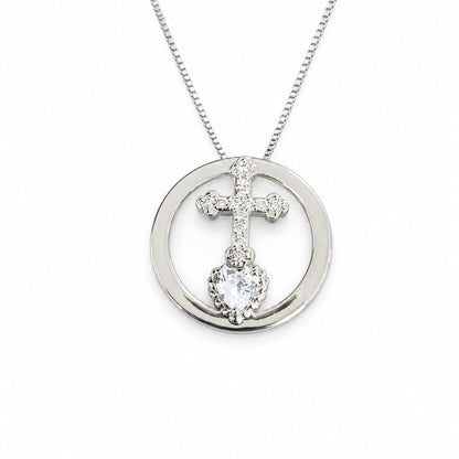 Warm Fortune 18K White Gold Plated CZ Cross Heart Pendant Necklace